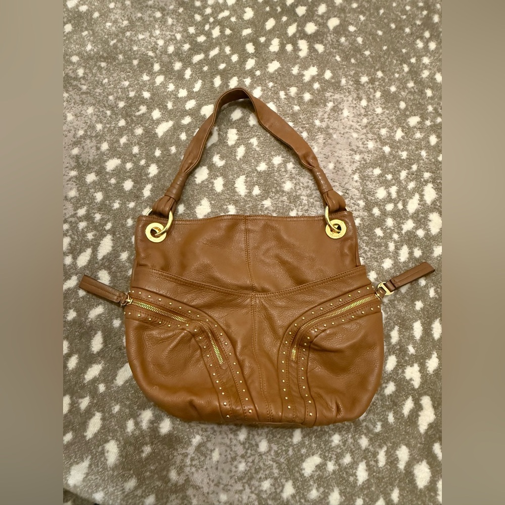 B. Makowsky Tan Leather Hobo/Shoulder Bag with Gold Accents